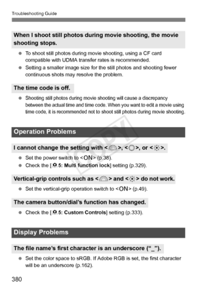 Page 380380
Troubleshooting Guide
 To shoot still photos during movie shooting, us ing a CF card 
compatible with UDMA transfer rates is recommended.
  Setting a smaller image size for  the still photos and shooting fewer 
continuous shots may resolve the problem.
 
Shooting still photos during movie shooting will cause a discrepancy 
between the actual time and time code. When you want to edit a movie using 
time code, it is recommended not to shoot still photos during movie shooting.
  Set the power switch to...