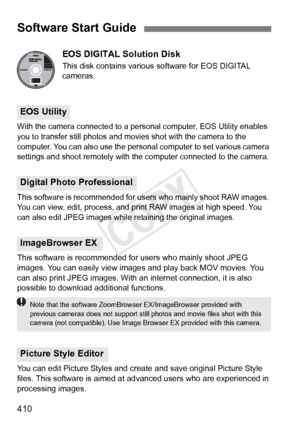 Page 410410
EOS DIGITAL Solution Disk
This disk contains various software for EOS DIGITAL 
cameras.
With the camera connected to a  personal computer, EOS Utility enables 
you to transfer still phot os and movies shot with the camera to the 
computer. You can also use the personal  computer to set various camera 
settings and shoot remotely with t he computer connected to the camera.
This software is recommended for us ers who mainly shoot RAW images. 
You can view, edit, process, and pr int RAW images at high...