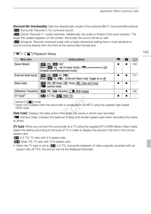 Page 143Appendix: Menu Options Lists
143
[Surround Mic Directionality]: Sets the directionality mode of the optional SM-V1 Surround Microphone.
[ ò Surround]: Records 5.1ch surround sound.
[ ó Zoom]: Records 5.1 audio channels. Additionally, the audio is linked to the zoom position. The 
larger the subject appears on the screen, the louder the sound will be as well.
[ ô Shotgun]: Records monaural audio with a highly directional setting that is most sensitive to 
sound coming directly from the front of the...