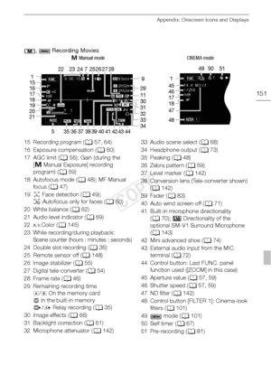 Page 151Appendix: Onscreen Icons and Displays
151
,   Recording Movies
n Manual mode CINEMA mode
1 22 23 724 25 26
15
16
17
18
19
20
21
5 9
29
11
31 30
32
33
34
27 28
37 383635 4039 444341 42
1 50
49 51
46 45
17
18
48 47
15 Recording program ( A57, 64)
16 Exposure compensation ( A60)
17 AGC limit ( A56); Gain (during the 
[ n Manual Exposure] recording 
program) ( A59)
18 Autofocus mode ( A48); MF Manual 
focus ( A47)
19 }Face detection ( A49); 
~ Autofocus only for faces ( A50)
20 White balance ( A62)
21 Audio...