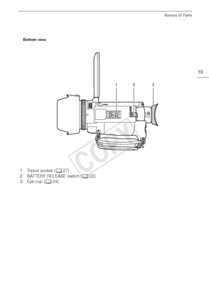 Page 19Names of Parts
19
1 Tripod socket (A27)
2BATTERY RELEASE switch ( A22)
3Eye cup ( A24)
12 3
Bottom view
COPY  