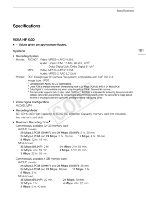 Page 181Specifications
181
Specifications
VIXIA HF G30
 — Values given are approximate figures.
System
• Recording System
Movies: AVCHD1Video: MPEG-4 AVC/H.264; 
Audio: Linear PCM, 16 bits, 48 kHz, 2ch2
  Dolby Digital 2ch; Dolby Digital 5.1ch3
MP4 Video: MPEG-4 AVC/H.264
Audio: MPEG-2 AAC-LC (2ch)
Photos: DCF (Design rule for Camera File system), compatible with Exif
4 Ve r.  2 . 3
Image type: JPEG
1Compatible with AVCHD ver. 2.0 specifications.2Linear PCM is available only when the recording  mode is 28 Mbps...