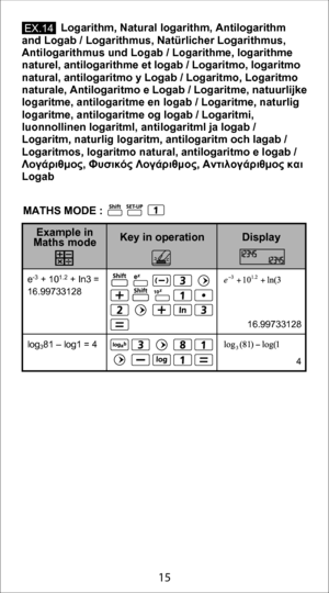 Page 155
15
             Logarithm, Natural logarithm, Antilogarithm 
and Logab / Logarithmus, Natürlicher Logarithmus, 
Antilogarithmus und Logab / Logarithme, logarithme 
naturel, antilogarithme et logab / Logaritmo, logaritmo 
natural, antilogaritmo y Logab / Logaritmo, Logaritmo 
naturale, Antilogaritmo e Logab / Logaritme, natuurlijke 
logaritme, antilogaritme en logab / Logaritme, naturlig 
logaritme, antilogaritme og logab / Logaritmi, 
luonnollinen logaritml, antilogaritml ja logab / 
Logaritm, naturlig...