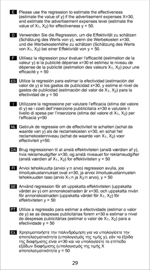 Page 2929
Please use the regression to estimate the effectiveness 
(estimate the value of y) if the advertisement expenses X=30, 
and estimate the advertisement expenses level (estimate the 
value of X
1, X2) for effectiveness y = 50.
Verwenden Sie die Regression, um die Effektivität zu schätzen
(Schätzung des Werts von y), wenn die Werbekosten x=30,
und die Werbekostenhöhe zu schätzen (Schätzung des Werts
von X
1, X2) bei einer Effektivität von y = 50.
Utilisez la régression pour évaluer l’efficacité...