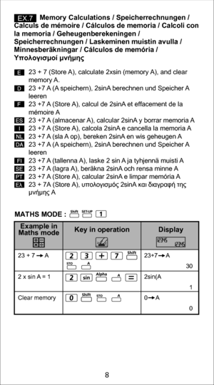 Page 88
             Memory Calculations / Speicherrechnungen /  
Calculs de mémoire / Cálculos de memoria / Calcoli con 
la memoria / Geheugenberekeningen / 
Speicherrechnungen / Laskeminen muistin avulla / 
Minnesberäkningar / Cálculos de memória / 
Υπολογισμοί μνήμης
23 + 7 (Store A), calculate 2xsin (memory A), and clear 
memory A.
23 +7 A (A speichern), 2sinA berechnen und Speicher A 
leeren
23 +7 A (Store A), calcul de 2sinA et effacement de la
mémoire A
23 +7 A (almacenar A), calcular 2sinA y borrar...