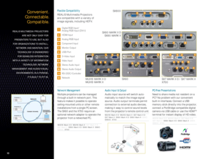 Page 10Convenient. 
Connectable. 
Compatible.
REALiS MULTIMEDIA PROJECTORS 
ARE NOT ONLY EASY FOR 
PRESENTERS TO USE, BUT ALSO 
FOR ORGANIZATIONS TO INSTALL, 
NETWORK AND MAINTAIN. OUR 
TECHNOLOGY IS ENGINEERED 
FOR SEAMLESS INTEGRATION 
WITH A VARIETY OF INFORMATION 
TECHNOLOGY, NETWORK 
MANAGEMENT AND AUDIO/VISUAL 
ENVIRONMENTS. IN A PHRASE, 
IT’S BUILT TO FIT IN. 
Network Management
Multiple projectors can be managed 
through a built-in network port. This 
feature makes it possible to operate...