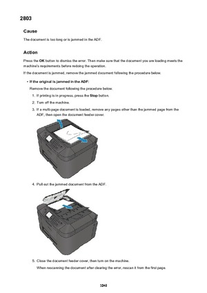 Page 10492803Cause
The document is too long or is jammed in the ADF.
Action Press the  OK button to dismiss the error. Then make sure that the document you are loading meets the
machine's requirements before redoing the operation.
If the document is jammed, remove the jammed document following the procedure below.•
If the original is jammed in the ADF: Remove the document following the procedure below.
1.
If printing is in progress, press the  Stop button.
2.
Turn off the machine.
3.
If a multi-page document...