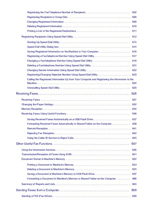 Page 12Registering the Fax/Telephone Number of Recipients. . . . . . . . . . . . . . . . . . . . . . . . . . . . . . . . .   802
Registering Recipients in Group Dial. . . . . . . . . . . . . . . . . . . . . . . . . . . . . . . . . . . . . . . . . . . . . . .   806 Changing Registered Information. . . . . . . . . . . . . . . . . . . . . . . . . . . . . . . . . . . . . . . . . . . . . . . . .   809
Deleting Registered Information. . . . . . . . . . . . . . . . . . . . . . . . . . . . . . . . . . . . . . . . . . ....