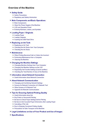 Page 130Overview of the Machine
Safety Guide
Safety Precautions
Regulatory and Safety Information
Main Components and Basic Operations
Main Components
About the Power Supply of the Machine
LCD and Operation Panel
Entering Numbers, Letters, and Symbols
Loading Paper / Originals
Loading Paper
Loading Originals
Inserting the USB Flash Drive
Replacing an Ink Tank
Replacing an Ink Tank
Checking the Ink Status from Your Computer
Checking the Ink Status
Maintenance
When Printing Becomes Faint or Colors Are Incorrect...