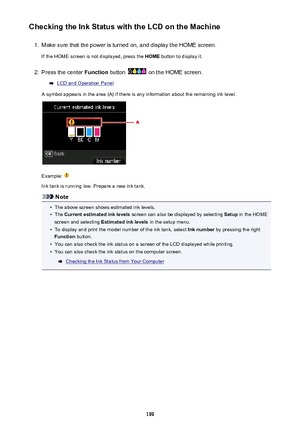 Page 199Checking the Ink Status with the LCD on the Machine1.
Make sure that the power is turned on, and display the HOME screen.
If the HOME screen is not displayed, press the  HOME button to display it.
2.
Press the center  Function button  on the HOME screen.
LCD and Operation Panel
A symbol appears in the area (A) if there is any information about the remaining ink level.
Example: 
Ink tank is running low. Prepare a new ink tank.
Note
•
The above screen shows estimated ink levels.
•
The  Current estimated...