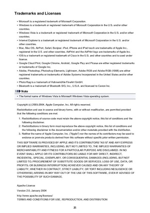 Page 21Trademarks and Licenses•
Microsoft is a registered trademark of Microsoft Corporation.
•
Windows is a trademark or registered trademark of Microsoft Corporation in the U.S. and/or othercountries.
•
Windows Vista is a trademark or registered trademark of Microsoft Corporation in the U.S. and/or othercountries.
•
Internet Explorer is a trademark or registered trademark of Microsoft Corporation in the U.S. and/or other countries.
•
Mac, Mac OS, AirPort, Safari, Bonjour, iPad, iPhone and iPod touch are...