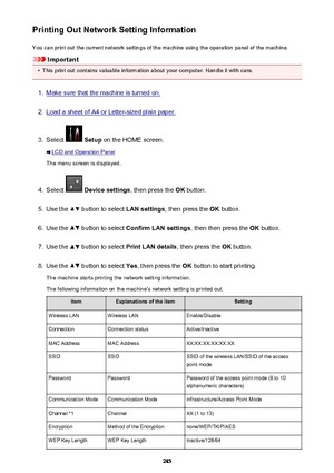 Page 285Printing Out Network Setting InformationYou can print out the current network settings of the machine using the operation panel of the machine.
Important
•
This print out contains valuable information about your computer. Handle it with care.
1.
Make sure that the machine is turned on.
2.
Load a sheet of A4 or Letter-sized plain paper.
3.
Select   Setup  on the HOME screen.
LCD and Operation Panel
The menu screen is displayed.
4.
Select   Device settings , then press the OK button.
5.
Use the  button to...