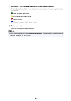 Page 3361.Connection Performance between the Printer and the Access Point:
A mark indicates the result of the connection performance measurement between the printer and the access point.
: Good connection performance
: Unstable connection performance
: Cannot connect
: Measurement is canceled, or cannot measure
2.
Remeasurement
Measures the connection performance again.
Note
•
If any messages appear on  Overall Network Performance: , move the machine and access point as
instructed to improve the performance.
336 