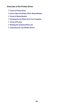 Page 458Overview of the Printer Driver
Canon IJ Printer Driver
How to Open the Printer Driver Setup Window
Canon IJ Status Monitor
Checking the Ink Status from Your Computer
Canon IJ Preview
Deleting the Undesired Print Job
Instructions for Use (Printer Driver)
458 