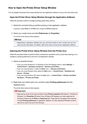 Page 460How to Open the Printer Driver Setup WindowYou can display the printer driver setup window from the application software in use or from the printer icon.
Open the Printer Driver Setup Window through the Application SoftwareFollow the procedure below to configure printing profile when printing.1.
Select the command that you perform printing on the application software In general, select  Print on the  File menu to open the  Print dialog box.
2.
Select your model name and click  Preferences (or Properties...