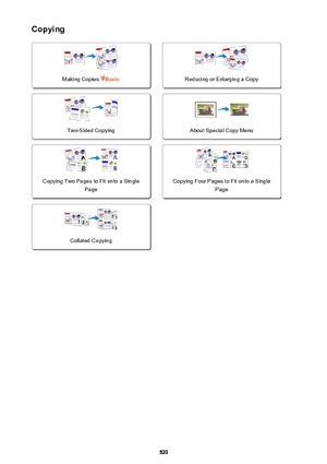 Page 529Copying
Making Copies Basic
 
Reducing or Enlarging a CopyTwo-Sided Copying
 
About Special Copy MenuCopying Two Pages to Fit onto a SinglePage
 
Copying Four Pages to Fit onto a Single PageCollated Copying
529 