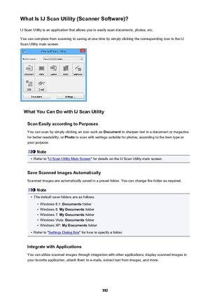 Page 552What Is IJ Scan Utility (Scanner Software)?IJ Scan Utility is an application that allows you to easily scan documents, photos, etc.
You can complete from scanning to saving at one time by simply clicking the corresponding icon in the IJ
Scan Utility main screen.
What You Can Do with IJ Scan Utility
Scan Easily according to Purposes
You can scan by simply clicking an icon such as  Document to sharpen text in a document or magazine
for better readability, or  Photo to scan with settings suitable for...