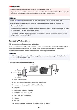 Page 767Important•
Be sure to connect the telephone line before the machine is turned on.
If you connect the telephone line when the machine is turned on, turn the machine off and unplug the power cord. Wait for 1 minute then connect the telephone line and power plug.
Note
•
Refer to Rear View  for the position of the telephone line jack and the external device jack.
•
Before connecting a telephone or answering machine, remove the Telephone connector cap.
•
For users in the UK:
If the connector of the external...
