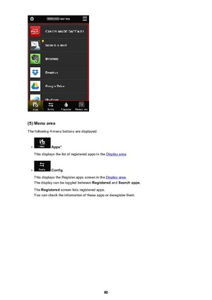 Page 80(5) Menu areaThe following 4 menu buttons are displayed:
•
 Apps*
This displays the list of registered apps in the 
Display area .
•
 Config
This displays the Register apps screen in the 
Display area .
The display can be toggled between  Registered and Search apps .
The  Registered  screen lists registered apps.
You can check the information of these apps or deregister them.
80 