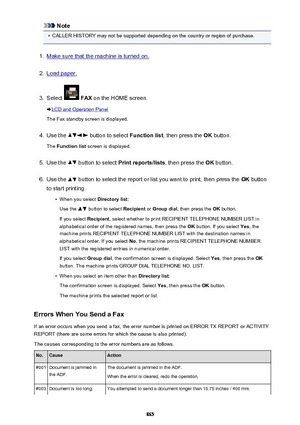 Page 865Note•
CALLER HISTORY may not be supported depending on the country or region of purchase.
1.
Make sure that the machine is turned on.
2.
Load paper.
3.
Select  FAX  on the HOME screen.
LCD and Operation Panel
The Fax standby screen is displayed.
4.
Use the  button to select  Function list, then press the  OK button.
The  Function list  screen is displayed.
5.
Use the  button to select  Print reports/lists , then press the OK button.
6.
Use the  button to select the report or list you want to print, then...