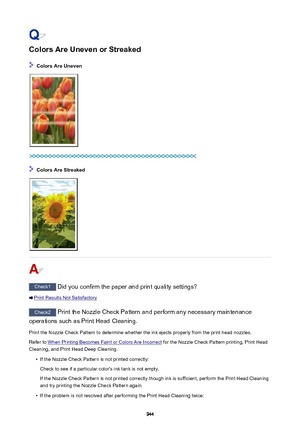 Page 944Colors Are Uneven or Streaked
 Colors Are Uneven
 Colors Are Streaked
Check1 Did you confirm the paper and print quality settings?
Print Results Not Satisfactory
Check2 Print the Nozzle Check Pattern and perform any necessary maintenance
operations such as Print Head Cleaning.
Print the Nozzle Check Pattern to determine whether the ink ejects properly from the print head nozzles.Refer to 
When Printing Becomes Faint or Colors Are Incorrect  for the Nozzle Check Pattern printing, Print Head
Cleaning, and...