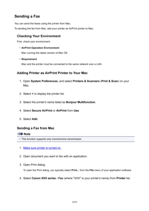 Page 1019SendingaFaxYou can send the faxes using the printer from Mac.
To sending the fax from Mac, add your printer as AirPrint printer to Mac.
CheckingYourEnvironment
First, check your environment.