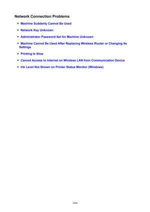 Page 1044NetworkConnectionProblems
MachineSuddenlyCannotBeUsed
NetworkKeyUnknown
AdministratorPasswordSetforMachineUnknown
MachineCannotBeUsedAfterReplacingWirelessRouterorChangingIts
Settings
PrintingIsSlow
CannotAccesstoInternetonWirelessLANfromCommunicationDevice
InkLevelNotShownonPrinterStatusMonitor(Windows)
1044 