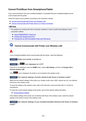 Page 1066CannotPrint/ScanfromSmartphone/TabletIf you cannot print/scan from your smartphone/tablet, it is possible that your smartphone/tablet cannot
communicate with the printer.
Check the cause of your problem according to the connection method.
Cannot Communicate with Printer over Wireless LAN
Cannot Communicate with Printer while It Is in Direct Connection
Note
