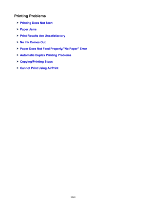 Page 1069PrintingProblems
PrintingDoesNotStart
PaperJams
PrintResultsAreUnsatisfactory
NoInkComesOut
PaperDoesNotFeedProperly/"NoPaper"Error
AutomaticDuplexPrintingProblems
Copying/PrintingStops
CannotPrintUsingAirPrint
1069 