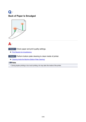 Page 1090BackofPaperIsSmudged
Check1 Check paper and print quality settings.
Print Results Are Unsatisfactory
Check2  Perform bottom plate cleaning to clean inside of printer.
Cleaning Inside the Machine (Bottom Plate Cleaning)
Note
