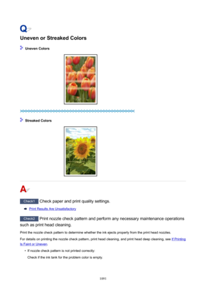 Page 1091UnevenorStreakedColors
UnevenColors
StreakedColors
Check1 Check paper and print quality settings.
Print Results Are Unsatisfactory
Check2 Print nozzle check pattern and perform any necessary maintenance operations
such as print head cleaning.
Print the nozzle check pattern to determine whether the ink ejects properly from the print head nozzles.For details on printing the nozzle check pattern, print head cleaning, and print head deep cleaning, see 
If Printing
Is Faint or Uneven .
