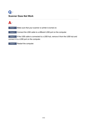 Page 1102ScannerDoesNotWork
Check 1 Make sure that your scanner or printer is turned on.
Check 2 Connect the USB cable to a different USB port on the computer.
Check 3 If the USB cable is connected to a USB hub, remove it from the USB hub and
connect it to a USB port on the computer.
Check 4  Restart the computer.
1102 