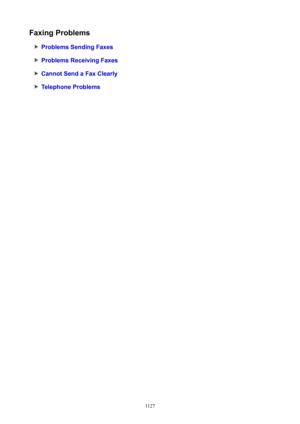 Page 1127FaxingProblems
ProblemsSendingFaxes
ProblemsReceivingFaxes
CannotSendaFaxClearly
TelephoneProblems
1127 