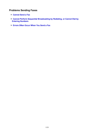 Page 1128ProblemsSendingFaxes
CannotSendaFax
CannotPerformSequentialBroadcastingbyRedialing,orCannotDialby
EnteringNumbers
ErrorsOftenOccurWhenYouSendaFax
1128 