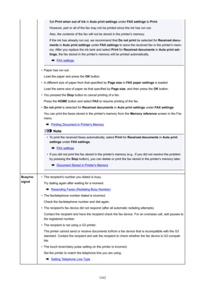 Page 1162Set Printwhenoutofink  in Autoprintsettings  under FAXsettings  to Print .
However, part or all of the fax may not be printed since the ink has run out. Also, the contents of the fax will not be stored in the printer's memory.If the ink has already run out, we recommend that  Donotprint be selected for  Receiveddocu-
ments  in Autoprintsettings  under FAXsettings  to store the received fax in the printer's mem-
ory. After you replace the ink tank and select  Print for...