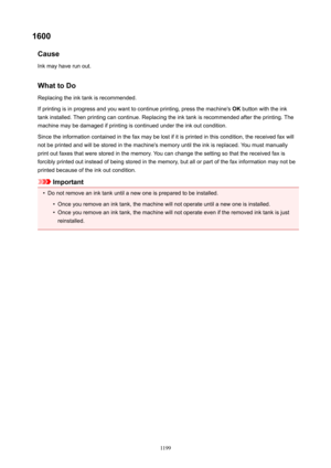Page 11991600Cause
Ink may have run out.
WhattoDo Replacing the ink tank is recommended.
If printing is in progress and you want to continue printing, press the machine's  OK button with the ink
tank installed. Then printing can continue. Replacing the ink tank is recommended after the printing. The
machine may be damaged if printing is continued under the ink out condition.
Since the information contained in the fax may be lost if it is printed in this condition, the received fax will
not be printed and...