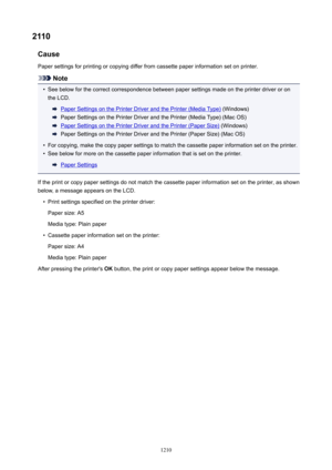 Page 12102110CausePaper settings for printing or copying differ from cassette paper information set on printer.
Note
