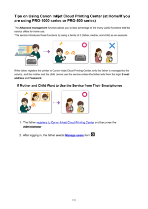 Page 131TipsonUsingCanonInkjetCloudPrintingCenter(atHome/Ifyou
areusingPRO-1000seriesorPRO-500series)
The  Advancedmanagement  function allows you to take advantage of the many useful functions that the
service offers for home use.
This section introduces those functions by using a family of 3 (father, mother, and child) as an example.
If the father registers the printer to Canon Inkjet Cloud Printing Center, only the father is managed by the
service, and the mother and the child cannot use the...
