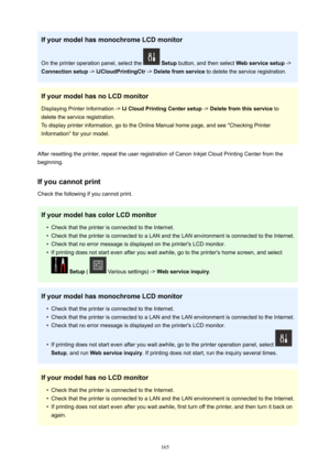 Page 165IfyourmodelhasmonochromeLCDmonitor
On the printer operation panel, select the 
  Setup  button, and then select  Webservicesetup ->
Connectionsetup  -> IJCloudPrintingCtr  -> Deletefromservice  to delete the service registration.
IfyourmodelhasnoLCDmonitor Displaying Printer Information ->  IJCloudPrintingCentersetup -> Deletefromthisservice  to
delete the service registration. To display printer information, go to the Online Manual home page, and see "Checking Printer...