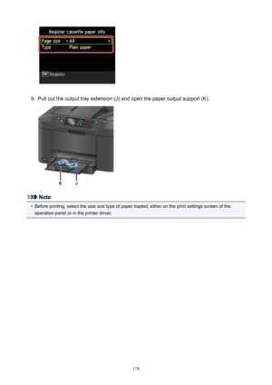 Page 1789.
Pull out the output tray extension (J) and open the paper output support (K).
Note
