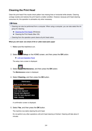 Page 209CleaningthePrintHeadClean the print head if the nozzle check pattern has missing lines or horizontal white streaks. Cleaning
unclogs nozzles and restores the print head to a better condition. However, because print head cleaning
consumes ink, this operation is advisable only when necessary.
Note
