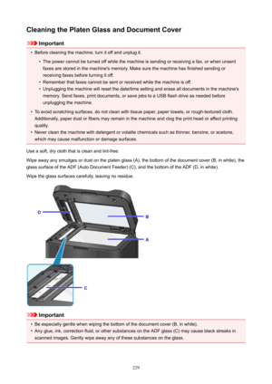 Page 229CleaningthePlatenGlassandDocumentCover
Important
