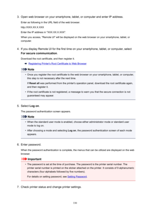 Page 3303.Open web browser on your smartphone, tablet, or computer and enter IP address.Enter as following in the URL field of the web browser.
http://XXX.XX.X.XXX Enter the IP address in "XXX.XX.X.XXX".
When you access, "Remote UI" will be displayed on the web browser on your smartphone, tablet, or computer.4.
If you display Remote UI for the first time on your smartphone, tablet, or computer, select
Forsecurecommunication .
Download the root certificate, and then register it.
Registering...