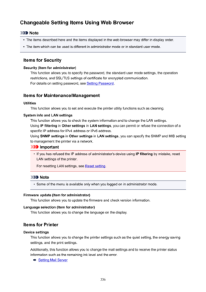 Page 336ChangeableSettingItemsUsingWebBrowser
Note
