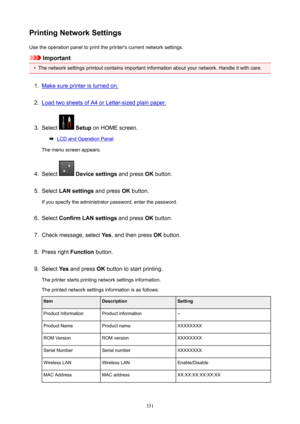 Page 351PrintingNetworkSettingsUse the operation panel to print the printer's current network settings.
Important
