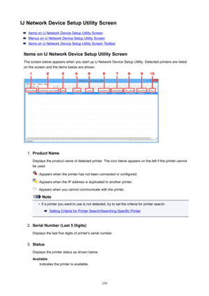 Page 359IJNetworkDeviceSetupUtilityScreen
Items on IJ Network Device Setup Utility Screen
Menus on IJ Network Device Setup Utility Screen
Items on IJ Network Device Setup Utility Screen Toolbar
ItemsonIJNetworkDeviceSetupUtilityScreen
The screen below appears when you start up IJ Network Device Setup Utility. Detected printers are listed on the screen and the items below are shown.
1.
ProductName
Displays the product name of detected printer. The icon below appears on the left if the printer cannot...