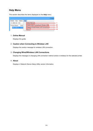 Page 391HelpMenuThis section describes the items displayed on the  Help menu.1.
OnlineManual
Displays this guide.
2.
CautionwhenConnectingtoWirelessLAN
Displays the caution message for wireless LAN connection.
3.
ChangingWired/WirelessLANConnections
Displays the message on changing LAN connection method (wired or wireless) for the selected printer.
4.
About
Displays IJ Network Device Setup Utility version information.
391 