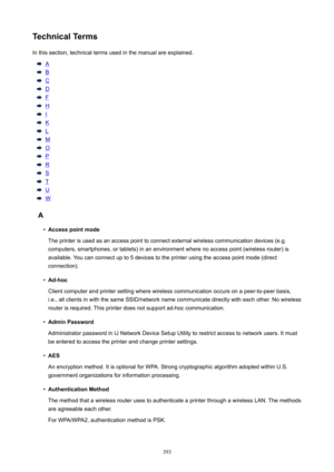 Page 393TechnicalTermsIn this section, technical terms used in the manual are explained.
A
B
C
D
F
H
I
K
L
M
O
P
R
S
T
U
W
A
