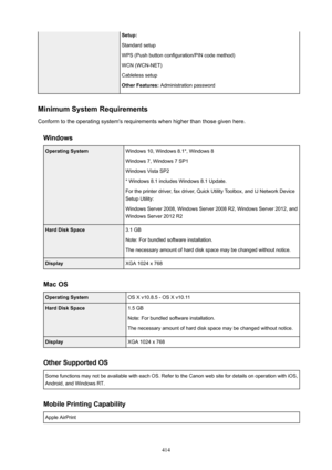 Page 414Setup:
Standard setup
WPS (Push button configuration/PIN code method) WCN (WCN-NET)
Cableless setup
OtherFeatures:  Administration password
MinimumSystemRequirements
Conform to the operating system's requirements when higher than those given here.
Windows
OperatingSystemWindows 10, Windows 8.1*, Windows 8
Windows 7, Windows 7 SP1
Windows Vista SP2
* Windows 8.1 includes Windows 8.1 Update.
For the printer driver, fax driver, Quick Utility Toolbox, and IJ Network Device Setup Utility:
Windows...