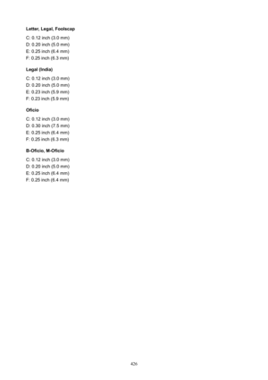 Page 426Letter,Legal,Foolscap
C: 0.12 inch (3.0 mm)
D: 0.20 inch (5.0 mm)
E: 0.25 inch (6.4 mm)
F: 0.25 inch (6.3 mm)
Legal(India)
C: 0.12 inch (3.0 mm)
D: 0.20 inch (5.0 mm)
E: 0.23 inch (5.9 mm)
F: 0.23 inch (5.9 mm)
Oficio
C: 0.12 inch (3.0 mm)
D: 0.30 inch (7.5 mm)
E: 0.25 inch (6.4 mm)
F: 0.25 inch (6.3 mm)
B-Oficio,M-Oficio
C: 0.12 inch (3.0 mm)
D: 0.20 inch (5.0 mm)
E: 0.25 inch (6.4 mm)
F: 0.25 inch (6.4 mm)
426 